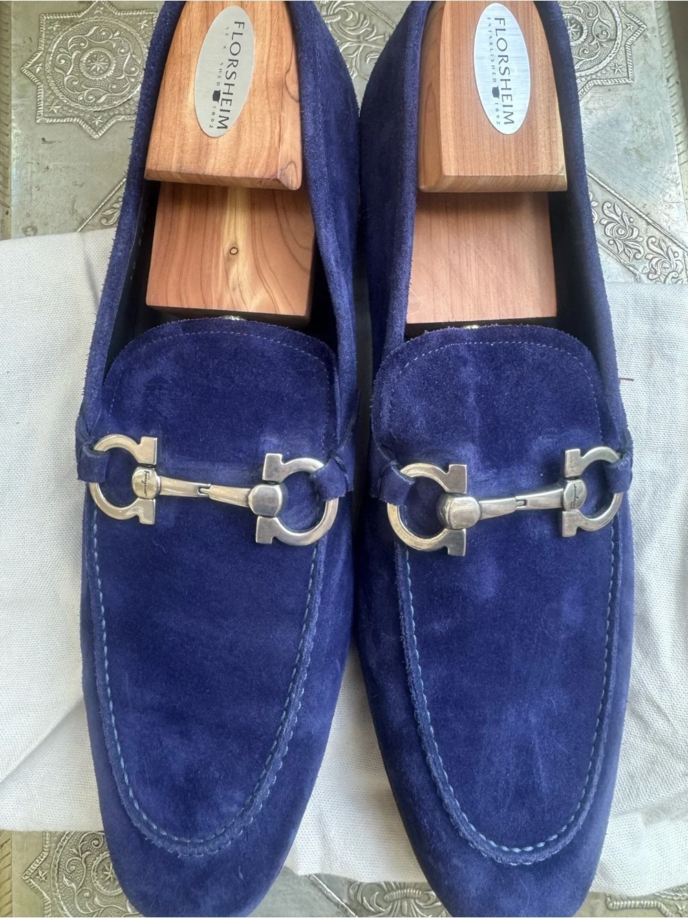 Salvatore Ferragamo Navy Suede Gancini Bit Loafers 12 2E